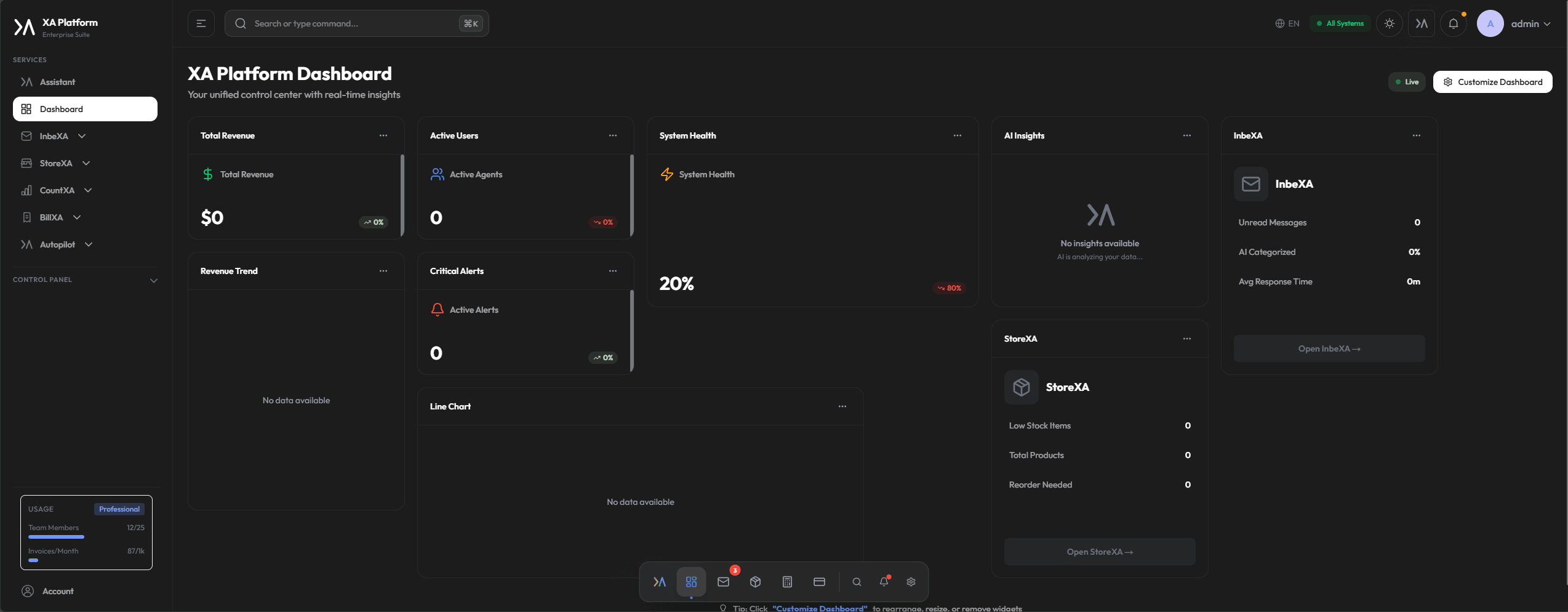 XA Platform Main Dashboard